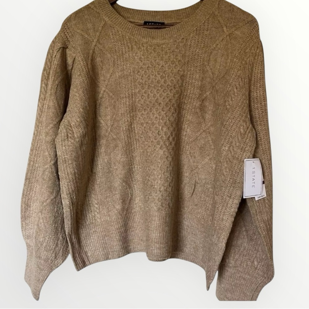 1.STATE Women's Variegated Cables Crew Sweater Latte Heather Size XXL